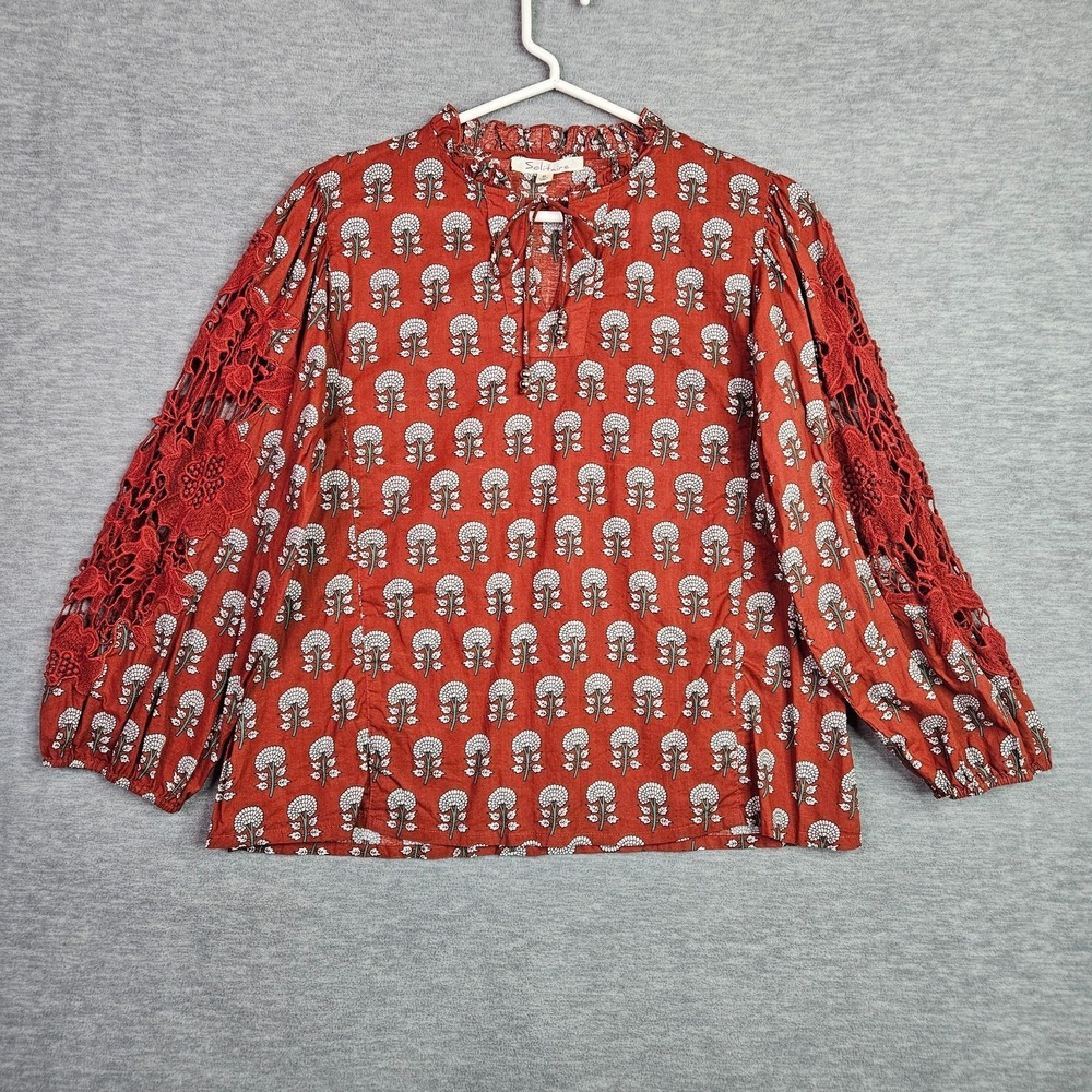 Solitare Women's Size Medium Rust Red Floral Boho Blouse Crochet Sleeve
